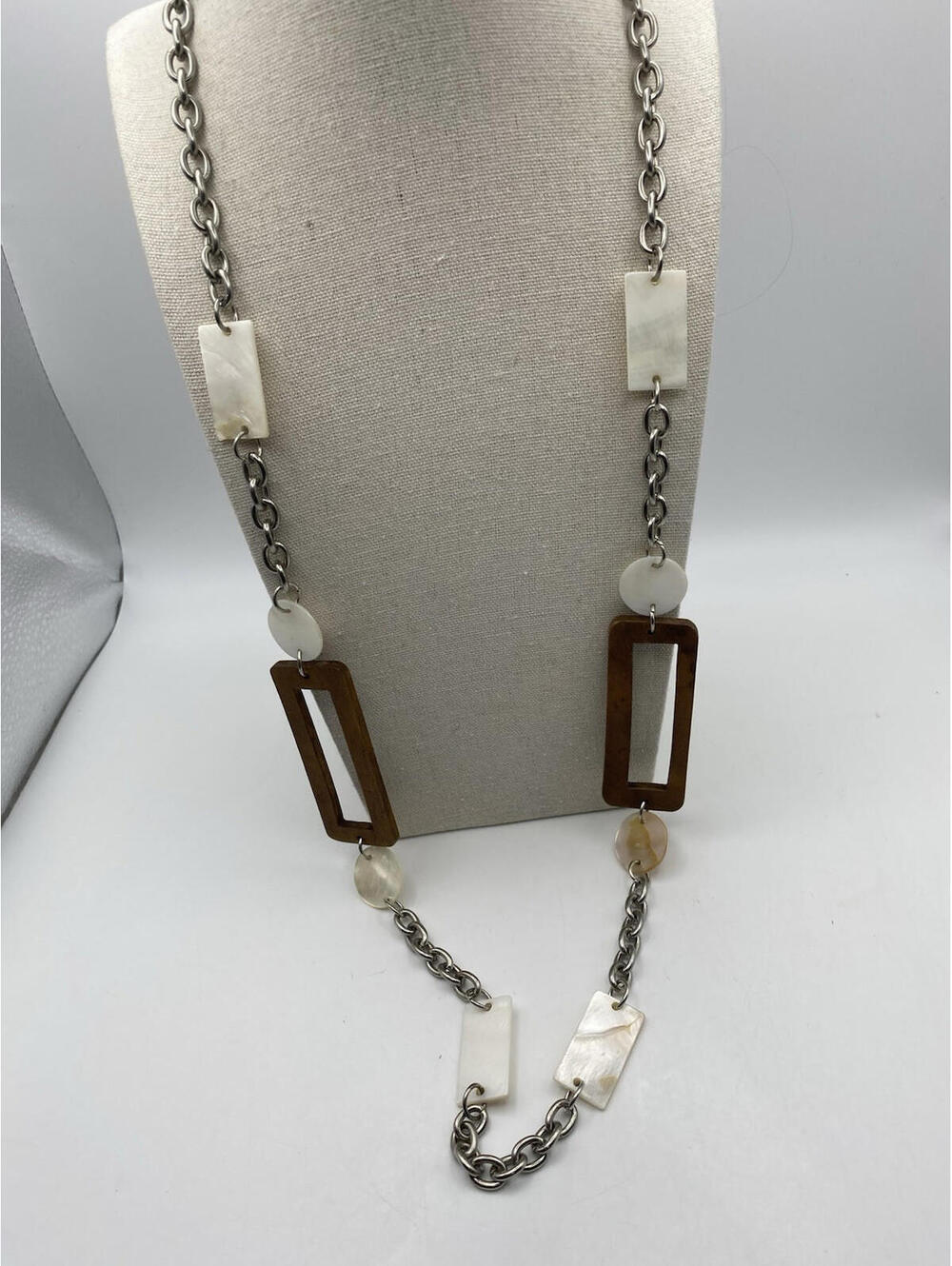 Rectangle Wood Mother Of Pearl Silver Tone Link Necklace